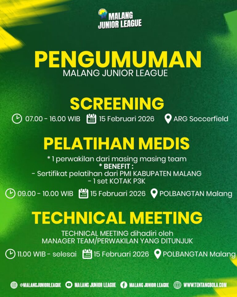 Poster pengumuman Malang Junior League: screening, pelatihan medis bersertifikat PMI, dan technical meeting pada 15 Februari 2026 di ARG Soccerfield dan Polbangtan Malang.